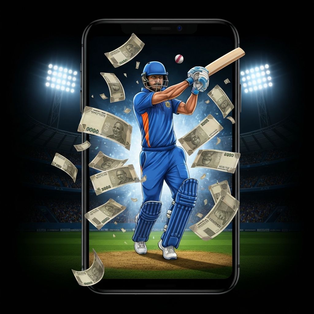 Cricketer emerging from mobile phone showing Tigerexch ID online betting experience